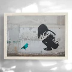 ストリートアート風 アートポスター 額縁付き 女の子と青い鳥 モダンインテリア
