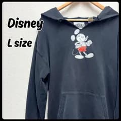Disney ディズニー Mickey mouse ミッキー 刺繍 フード付きパーカー Lサイズ ブラック トップス 古着