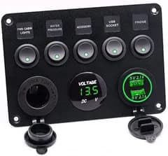 Knightraid 改良 12V 24V 対応 防水 スイッチ パネル デュアル シガーライター ソケット 2.1A USB LED 電圧計 付き マリン ボート 漁船 グリーン (グリーン 5スイッチ+2USB+1シガー)