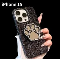 韓国　iPhone　15 ケース　スマホケース　肉球　ポップソケット　ラインストーン　ミラー　スマホカバー　黒
