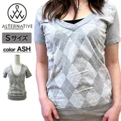 ALTERNATIVE APPAREL オルタナティブアパレル Tシャツ レディース aa4060 VネックTシャツ アーガイル カットソー ASH グレー系 Sサイズ【新品・正規品】