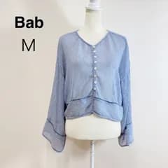 美品 Bab 2WAYカーディガントップス ブルー 前後2WAY シアーカーディガン フレアスリーブ ショート丈 透け感 カーディガン フェミニン M