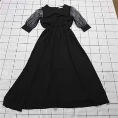 ◇ ⊂ ワンピース レースレディース LACE LADIES ドットチュール袖ロングワンピース ブラック系 レディース E  【1511110039754】