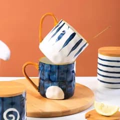 マグカップ 手描き 陶器 ストライプ 釉裏彩 アート ギフトボックス インスタ映え M26122-27