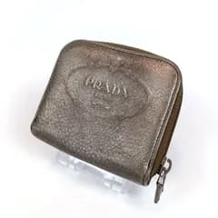 PRADA プラダ 二つ折り財布 ゴールド系 レア 希少 コンパクト ミニ財布 レディース 中古 ブランド 鑑定済 小銭入れラウンドファスナー