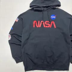 NASA ナサ スウェット パーカー 黒 L 袖プリント ワームロゴ ミートボールロゴ 宇宙 Bowery Supply Co. 古着 ストリート メンズ レディース ユニセックス アメカジ スペース 裏起毛 プルオーバー トップス ＵＳＡ【3119ST】