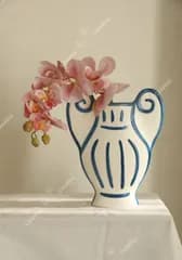 N0411　【1個】　柄が選べる 陶器 花瓶 フラワーベース ギリシャ美学 イオニア式 柱 手描き 漫画風 北欧風 青 白 古典 建築 モチーフ 芸術 アート オブジェ インテリア 卓上 花器 置物 リビング 玄関 店舗 ディスプレイ 個性派