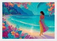 ハワイアンアート A4｜花咲く入り江を歩く海辺の風景