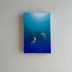 ハガキサイズのアクリル原画☆海の中…青い世界(ミニダイバーフィギアマグネット2コセット)