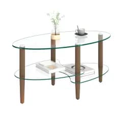 「数量限定セール」全新品 楕円形ガラスコーヒーテーブル 透明3段ガラス天板 オーク材脚 モダンリビングテーブル 1年保証付き