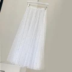 ラメ入りチュールスカート ロング丈 レディース 夏 透け感 シングルレイヤー 重ね着 オーバースカート キラキラ パーティー コスプレ フェス