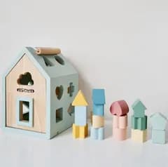 木製おもちゃ ハウス型 型はめパズル つみき 知育おもちゃ ブロック 木のおもちゃ 持ち手付きで持ち運び可