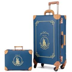 『数量限定』 トランクケース アンティーク調 トランク 超軽量 おしゃれ かわいい キャリーバッグ 出張 修学旅行用 トラベルバッグ スーツケースセット 2点セット (金糸刺繍/ブルー S(20 機内持込)+XS(12 ハンドバックサイズ))