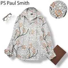 【刺繍】ポールスミス PS Paul Smith 花柄 リーフプリント コットン ドレス シャツ ブラウス M 白 x 黒 x オレンジ カジュアル レディース 女性用 