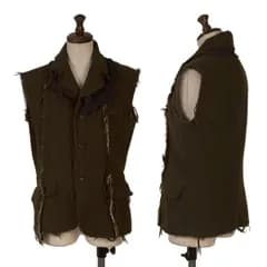 トリココムデギャルソンtricot COMME des GARCONS ウール縮絨切替デザイン裁ち切りノースリーブジャケット カーキS