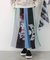 ロゴコラージュ柄 デニム×ジャージ切替スカート