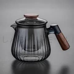 手作り 耐熱ガラス 急須 ティーポット ガラス 茶こし付き ガラスポット 紅茶ポット 花茶 工芸茶 に おすす め 直火可 クルミ材 木製持ち手 
