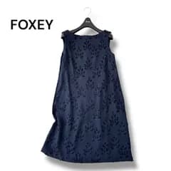 フォクシー FOXEY リーフ柄 ジャガード ワンピース ドレス 38 M ミッドナイトブルー 40143 2019年 定価99,360円 日本製 6M025