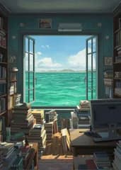 2584 窓から広がる美しい海と本に囲まれた書斎を描いたアニメ風アートポスター。爽やかな夏の風景画はリビングやデスク周りのインテリアに最適。壁掛けでお部屋をおしゃれな空間に演出する人気の絵画で日常を彩る。