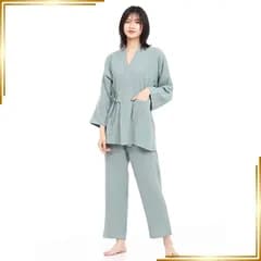 【新品】 [SISOFTLY] シソフトリー レディース 浴衣 甚平 レディース 洗える夏着物 作務衣 セット 女性の しじら織り 2重ガーゼ 甚平 無地前開き 女性のパジャマ セット (XL, グリーン) 1