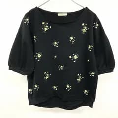 【中古】[印象AB] スタディオクリップ studio CLIP Tシャツ ミニ裏毛 パフスリーブ 花柄刺繍 裾リブ ボートネック 5分袖 綿×ポリ M 黒 レディース