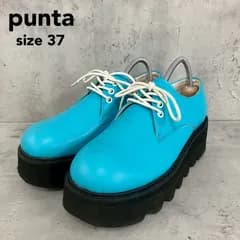 punta プンタ 厚底 ギザギザソール シューズ 377684 ブルー size37 プラットフォーム ポストマン 紐靴 外羽根 カジュアル 個性的 インパクト スタイルアップ 脚長効果 ボリュームソール タウンユース 鮮やか 青色 ★ ■■