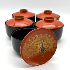 福型椀 朱 刷毛目 見返し鳥 お吸い物椀  ５個セット 絵違い 和食器