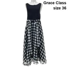 ◇ グレースクラス Grace Class ロングワンピース シアーギンガムコンビ 異素材切替 ベルト付 黒 白 グレー 36 レディース S6D428