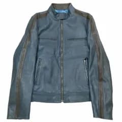 新品同様 DOLCE&GABBANA ドルチェアンドガッバーナ レザー シングル ライダース ジャケット ブルゾン ライン ジップ 48 ブルー メンズ 古着 中古 USED