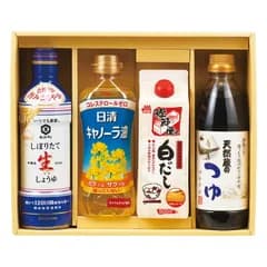 夏の贈り物お中元 極み白だし&調味料バラエティセット セット内容/日清キャノーラ油（350g）･キッコーマンいつでも新鮮しぼりたて生しょうゆ（450ml）･伊賀越天然蔵のつゆ･マルトモ鰹節屋の白だし（各500ml）×各1