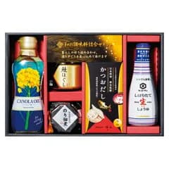 夏の贈り物お中元 和の調味料詰合せ セット内容/鮭ほぐし（50g）･のり佃煮（80g）･かつおだし（4g×8袋）･キッコーマン しぼりたて生?油（200ml）･昭和 キャノーラ油（300g）×各1