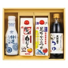 夏の贈り物お中元 上品な旨味調味料詰合せ セット内容/ヤマサ卓上特選しょうゆ（360ml）･伊賀越天然蔵のつゆ･マルトモ鰹節屋の白だし･マルトモ昆布かつおつゆ（各500ml）×各1