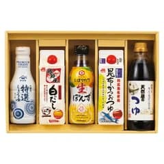夏の贈り物お中元 上品な旨味調味料詰合せ セット内容/伊賀越天然蔵のつゆ･マルトモ鰹節屋の白だし･マルトモ昆布かつおつゆ（各500ml）･ヤマサ卓上特選しょうゆ･キッコーマンしぼりたて生ぽんず（各360ml）×各1