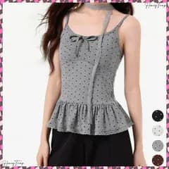 ドット柄キャミソール レースタイ付き夏服 レディース カップ付き インナーキャミ 裾フリル フェミニンキャミトップス フロントリボン スリムフィットキャミ 韓国風 大人可愛いキャミ夏 美胸インナーキャミ レイヤード キャミ
