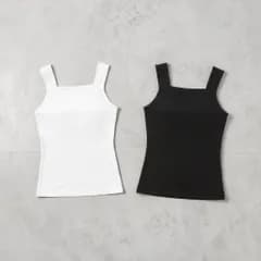 期間限定プライス【Sans Souci 34+】コットンベア天竺チラ見え防止スクエアネックタンクトップ M / L  ホワイト ブラック  送料込  サンスーシ