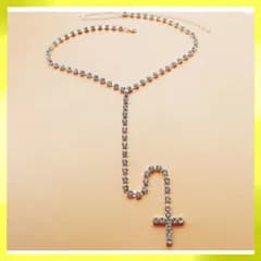 ラインストーンラリアットネックレス ロザリオネックレス Y字型 ペンダント ブリンブリン CZダイヤモンド キラキラ クロスデザイン 十字架 レディース メンズ ユニセックス 新品未使用品