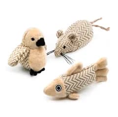 猫のネズミのおもちゃ 天然の麻材料 ネズミと魚と小鳥 フルーツいぐるみ 猫用玩具 猫遊び 噛むおもちゃ 運動不足解消 ストレス解消 (3個入,ネズミ+魚+鳥)