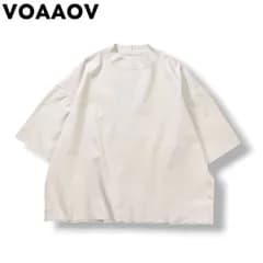 ヴォアーブ VOAAOV モックネック カットオフ ストレッチ ビッグ Tシャツ カットソー サイドシーム 立体裁断 無地 プレーン FREE オフホワイト メンズ レディース ユニセックス 男女兼用