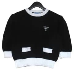 美品 PRADA プラダ ロゴ刺繍 バイカラー クロップド 半袖 ニット セーター P24I1R サイズ38 165/76A ブラック×ホワイト レディース 古着 中古 USED