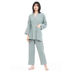 【新品】 [SISOFTLY] シソフトリー レディース 浴衣 甚平 レディース 洗える夏着物 作務衣 セット 女性の しじら織り 2重ガーゼ 甚平 無地前開き 女性のパジャマ セット (M, グリーン) 0
