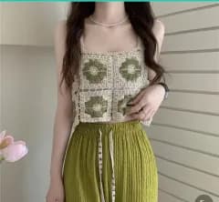 新品 花柄 ライトグリーン クロシェ ニット トップス
