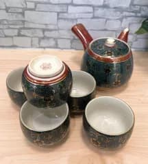 【豊】美品! 九谷焼 青粒鉄仙 茶器セット 急須 湯呑 5客揃い 金彩 伝統工芸品【1187AM】E03