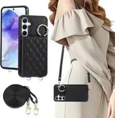 Galaxy S25 / S24 ケース 手帳型 背面カード収納 ショルダー ギャラクシーs25 用 背面ケース 肩掛け Galaxy S25 スマホケース 首掛け 斜め掛け ギャラクシーs24 携帯カバー 財布付き スタンド機能 マグネット式 (ブラック)