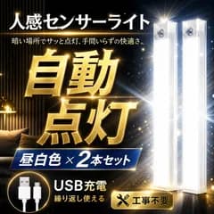 人感 センサーライト 2本 セット 自動点灯 自動消灯 USB タイプC 充電 ケーブル 付属 配線不要 玄関 廊下 クローゼット 対応