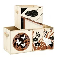 FRALOSHA 収納ボックス 3点セット 折りたたみ 和柄 猫 蝶 鶴デザイン収納 衣類収納 おもちゃ収納 小物整理 クローゼット 玄関 書斎 台所 マルチ収納 (M)