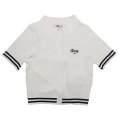 美品 TOMMY JEANS トミージーンズ 半袖 クロップド ワイドニット シャツ ロゴ刺繍 トップス カットソー XS ホワイト レディース 古着 中古 USED