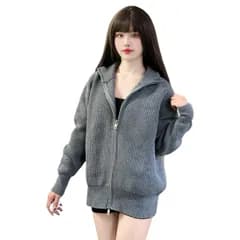 【新着商品】約24.7オンス 超厚手 ニット 立ち襟 ダブルジップ オーバーサイズ レディース 落ち肩 無地 メンズ 秋冬対応 カーディガン ライトアウター