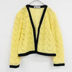 GIVENCHY ジバンシー ノーカラージャケット 総レース エンブロイダリー バイカラー 大きいサイズ ヴィンテージ コットン イエロー レディース 15 Ab01163