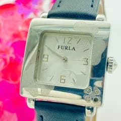 【稼働】FURLA フルラ 腕時計 レディース スクエア シルバー 花柄 ストーン レザーベルト ブラック クォーツ ウォッチ 002449-01-6N