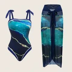 【ブルー】レディース 水着 ワンピース ワンピース水着 スイムウェア 体型カバー パレオ付き セット 海柄 海デザイン セクシー リゾート ビーチ 海外旅行 映え